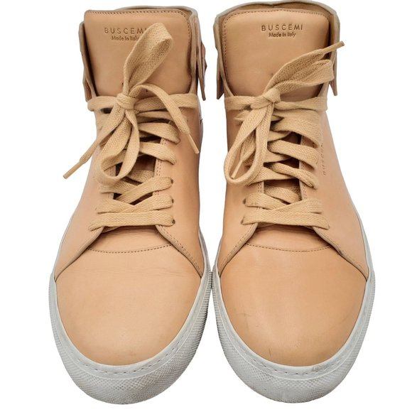 Buscemi Men's 17 US / 50 EU Italian Beige Leather Casual Shoes High Top Sneakers - Picture 2 of 12